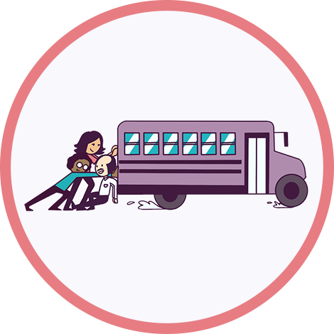 Illustration of characters pushing a school bus