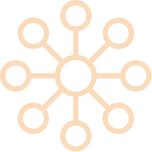 Icon of a center circle with eight smaller circles connected to it with a line.
